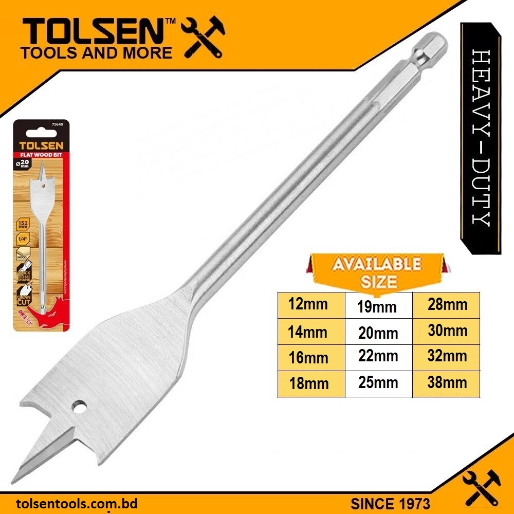 TOLSEN Flat Wood Drill Bit w/ 1/4" Hex Shank ( 12 | 14 | 16 | 18| 19 | 20 | 22 | 25 | 28 | 30 | 32 | 38mm ) 75634 to 75645_img_0
