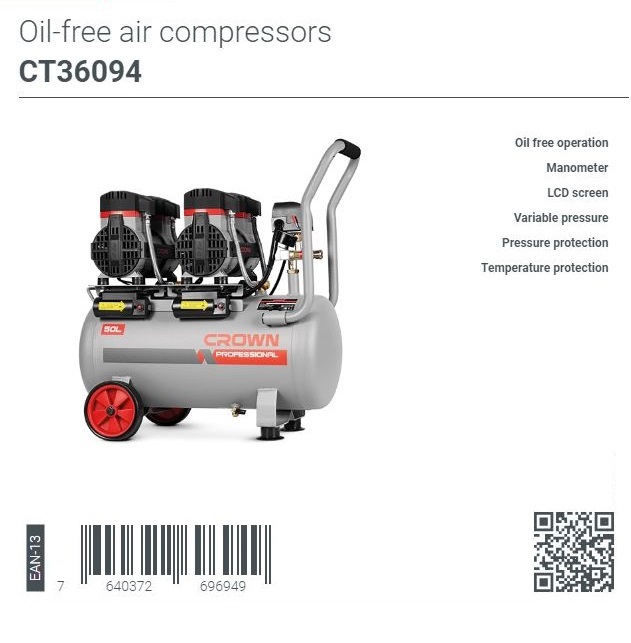 CROWN CT36094 50L Professional Oil-Free Air Compressor oil free & silent , 50L,2800W, 200L/min, 8Bar; CT36094_img_2