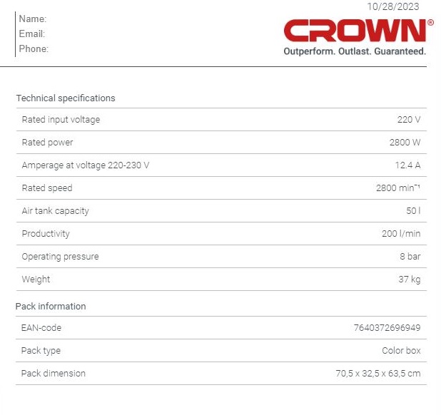 CROWN CT36094 50L Professional Oil-Free Air Compressor oil free & silent , 50L,2800W, 200L/min, 8Bar; CT36094_img_3
