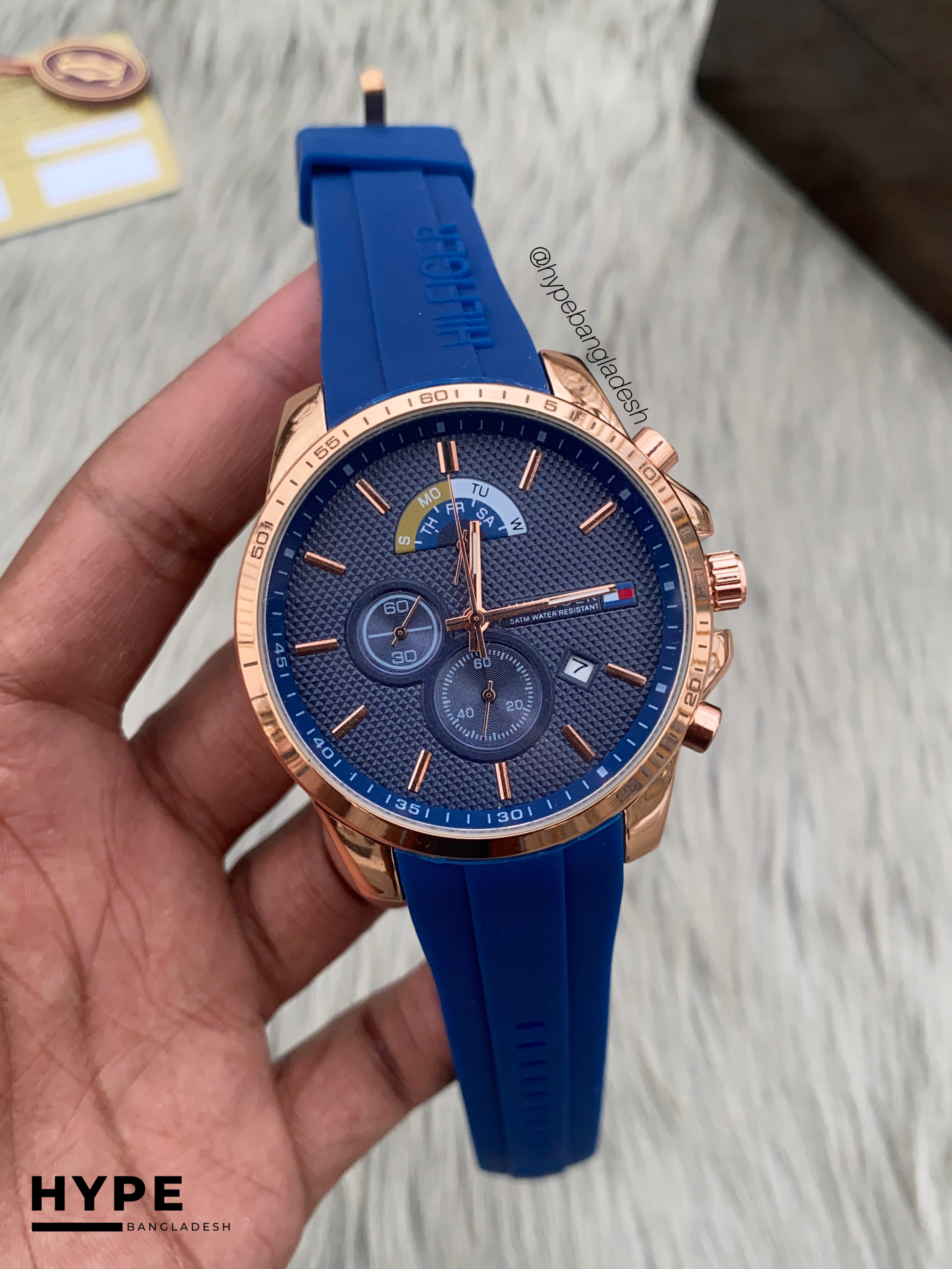 Tommy Hilfiger blue silicone belt rosegold case chronograph