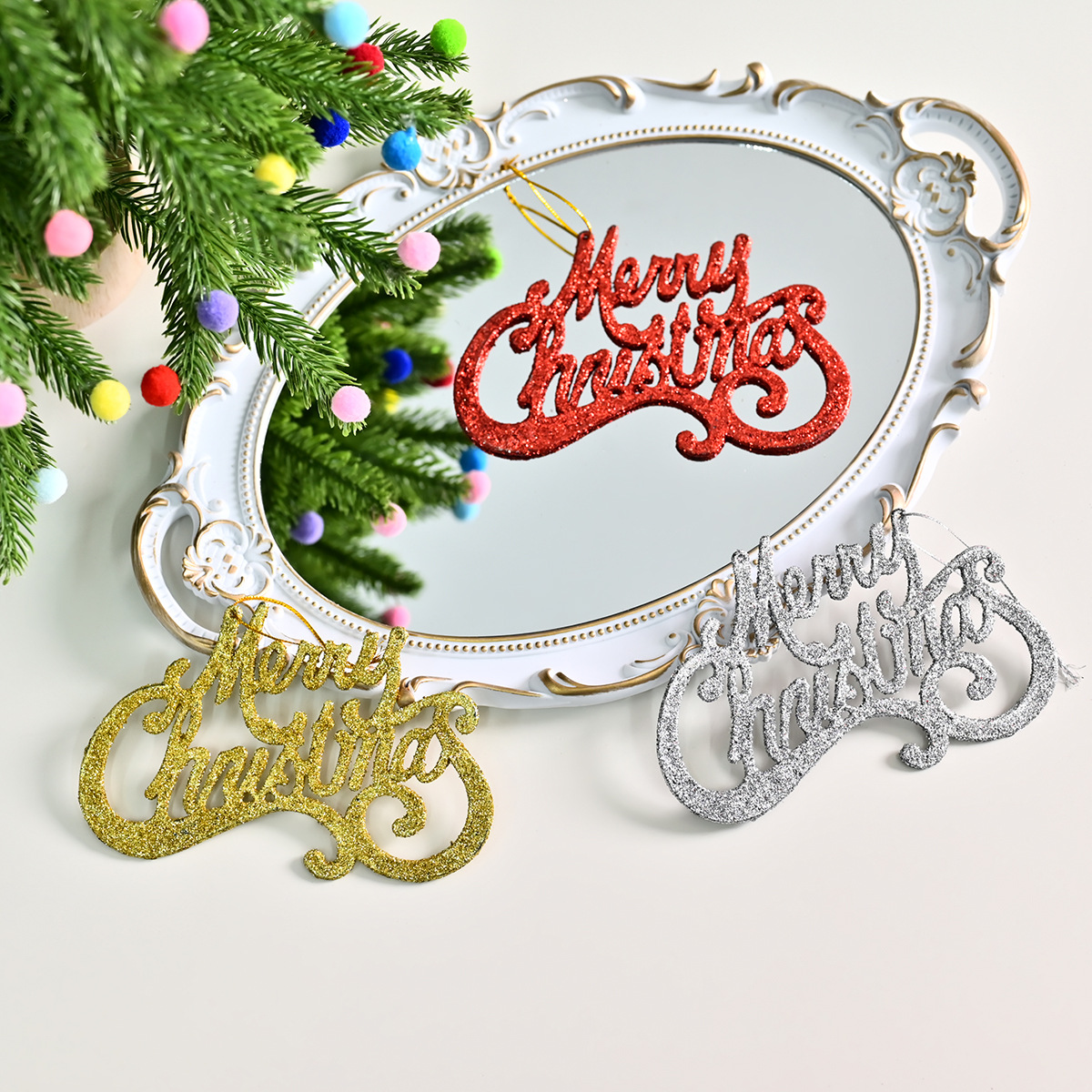 glitter "Merry Christmas" hanging ornaments 3psc