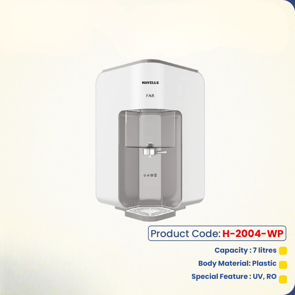 Havells FAB 7 Litre Absoulety Safe RO + UV Water Purifer with 7 Stages, Patented Corner/Wall mounting (Grey and White) H-2004-WP