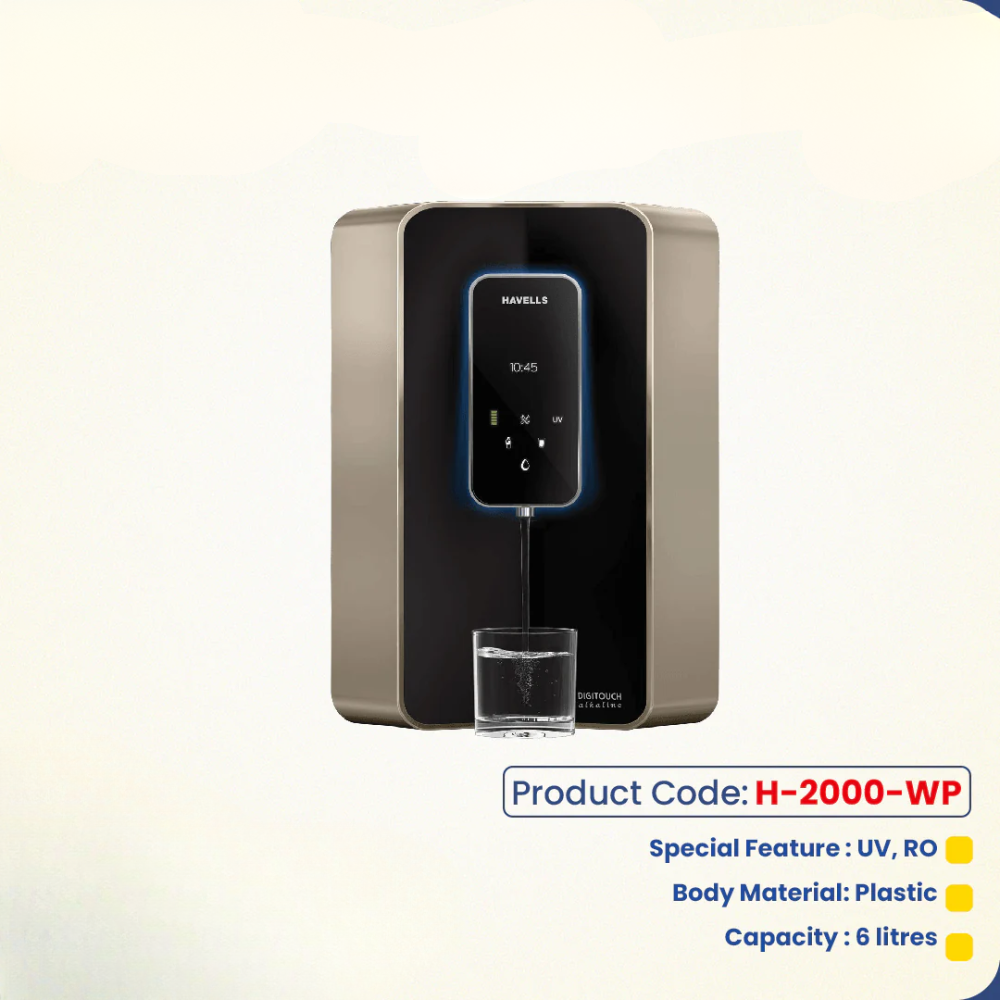 Havells Digi Touch Alkaline 6 L Absolutely Safe RO + UV Purified pH Balanced Water Purifier with 8 Stages, Double UV Purification and Patented Alkaline Water Technology (Champagne and Black) H-2000-WP_img_0