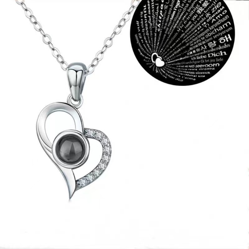 Projection Necklace Set With Rose Gift Box 100 Languages I Love You Heart Pendant Jewelry_img_3