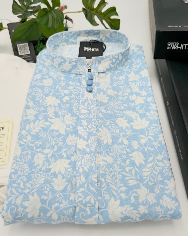 Men’s Light Blue Floral Printed Panjabi – Soft Cotton Traditional Wear by Simple White (Punjabi BDT 4,990 + Pajama BDT 2,500)