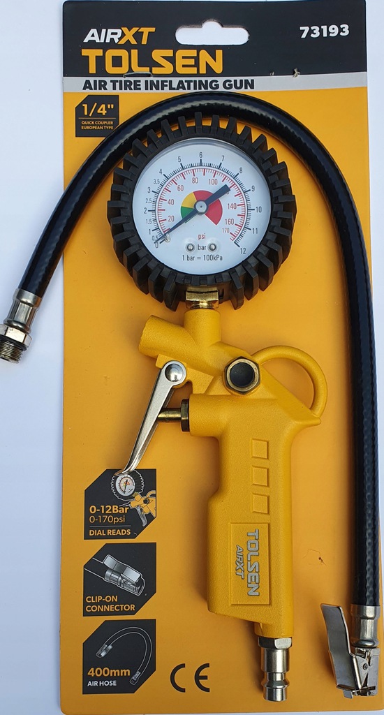 TOLSEN 73193 Air Tire Inflating Gun | Clip-On Connector | 40cm Length | Dual Scale Gauge (0-12 bar / 0-170 psi) | CE Approved | Model: 73193_img_3