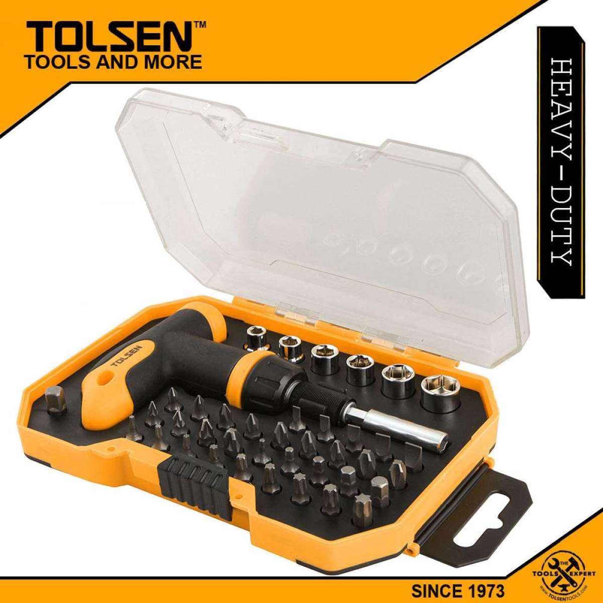 TOLSEN 20036 41Pcs Bit & Socket Set, 1/4" Drive, CrV Bits, T-Handle Ratchet, Plastic Case, Model: 20036_img_2