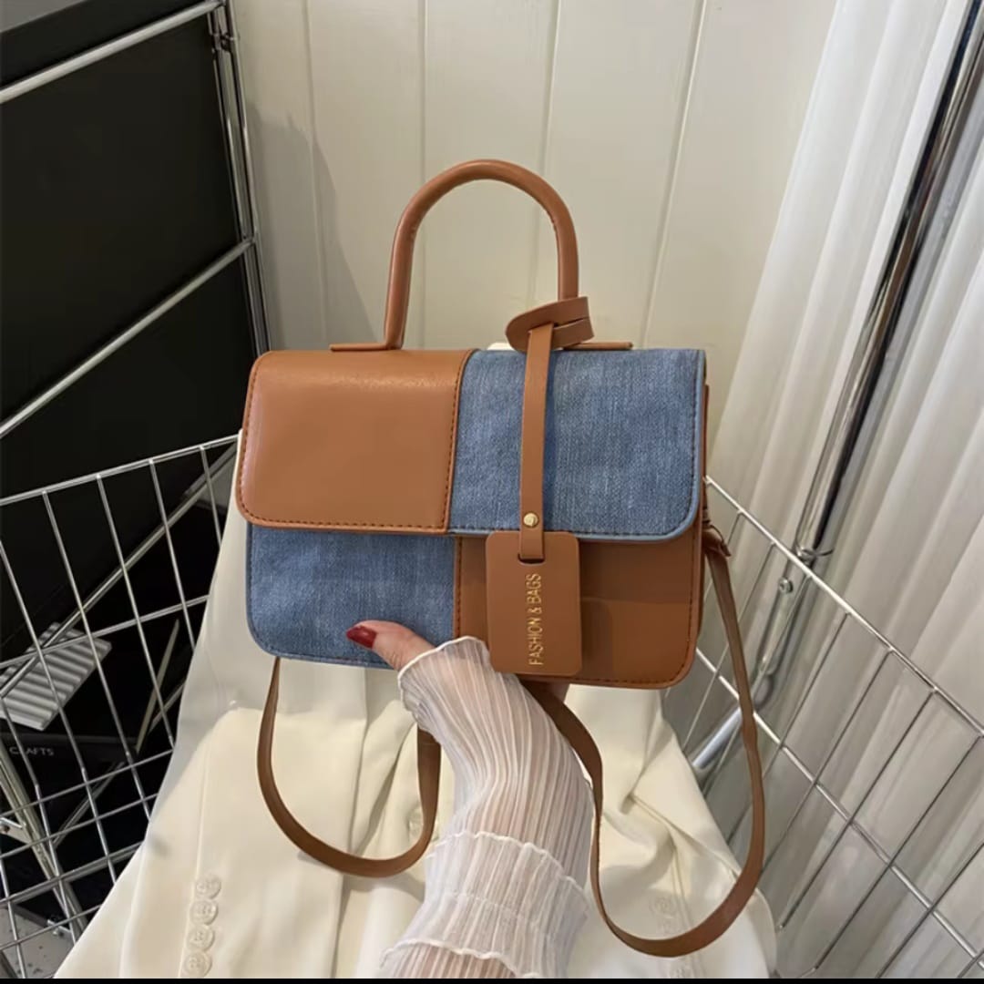 The Denim Block Bag(Brown/Tan&White) image 3